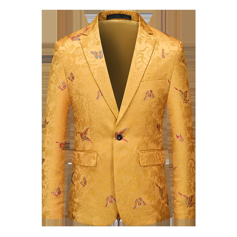 Men's gold jacquard embroidered suit top, single button slim fit, royal style banquet skirt, European style fashionable jacket
Men's gold jacquard embroidered suit top, single button slim fit, royal style banquet skirt, European style fashionable jacket