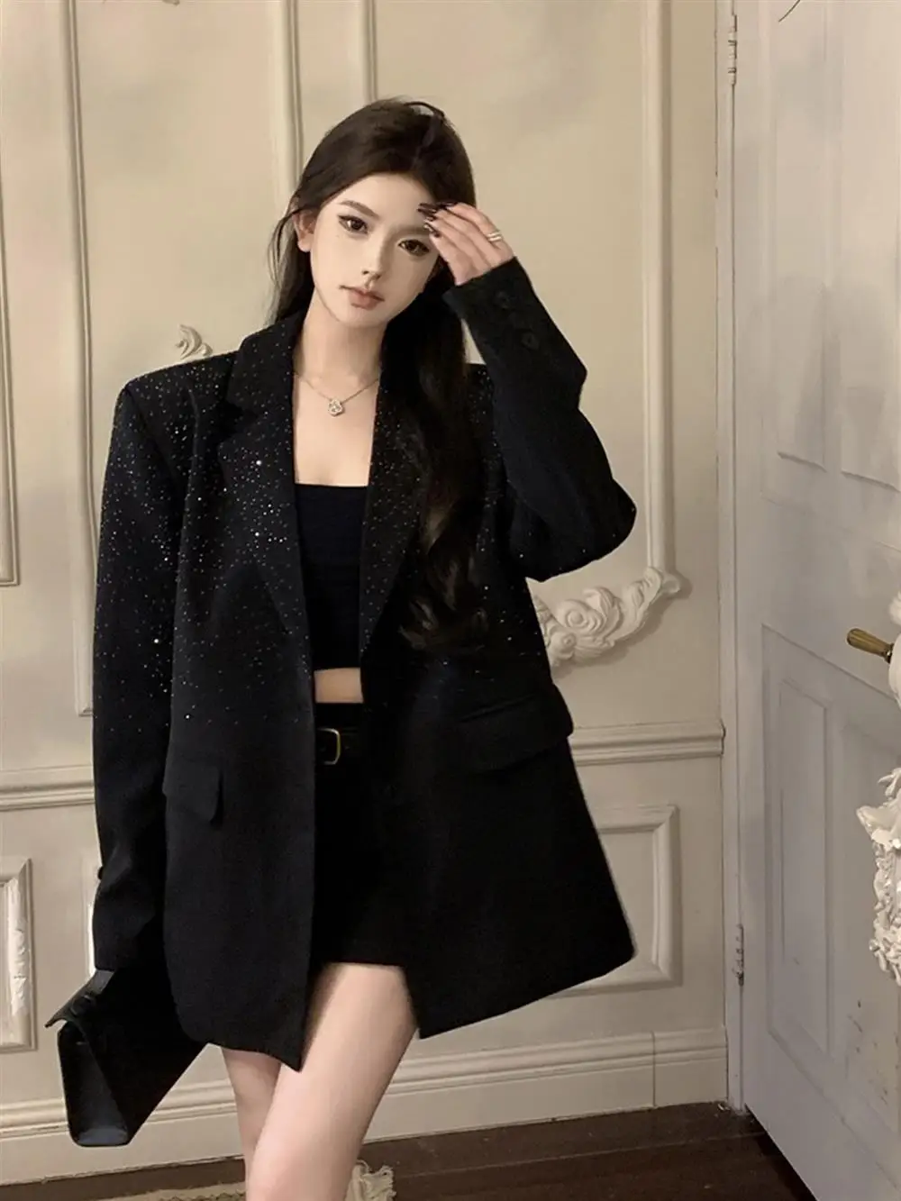 Unique Black Casual Women's Suit Jacket Autumn Winter Elegant Design Diamond Embellished Long Sleeve Warm Fashionable Top
Unique Black Casual Women's Suit Jacket Autumn Winter Elegant Design Diamond Embellished Long Sleeve Warm Fashionable Top