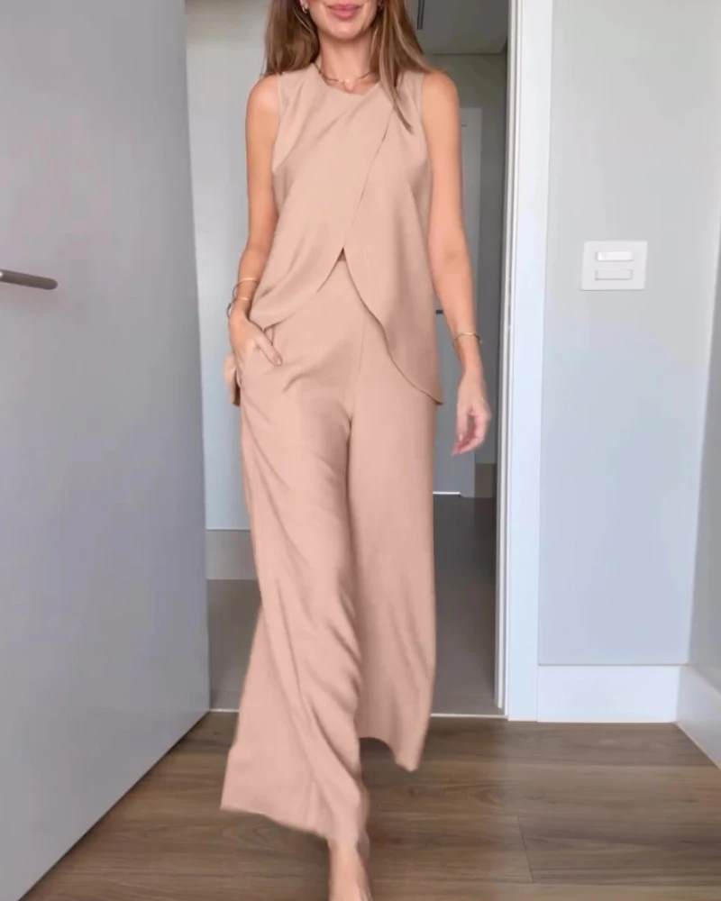 Elegant 2-Piece Sets for Women Round Neck Sleeveless Asymmetric Top + Casual Elastic Waist Wide Leg Pants Set
Elegant 2-Piece Sets for Women Round Neck Sleeveless Asymmetric Top + Casual Elastic Waist Wide Leg Pants Set