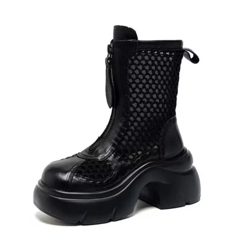 Women Summer Cool Boots Thick High Heel Genuine Leather Air Mesh Breathable Front Zipper Platform Roman Mid Calf Boots
Women Summer Cool Boots Thick High Heel Genuine Leather Air Mesh Breathable Front Zipper Platform Roman Mid Calf Boots