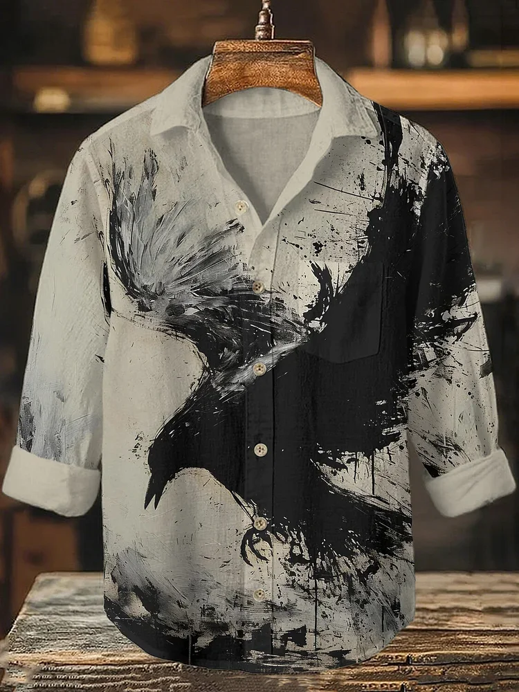 New retro men's top with light linen base color, ink wash, eagle splatter, graffiti atmosphere, shirt and clothing
New retro men's top with light linen base color, ink wash, eagle splatter, graffiti atmosphere, shirt and clothing