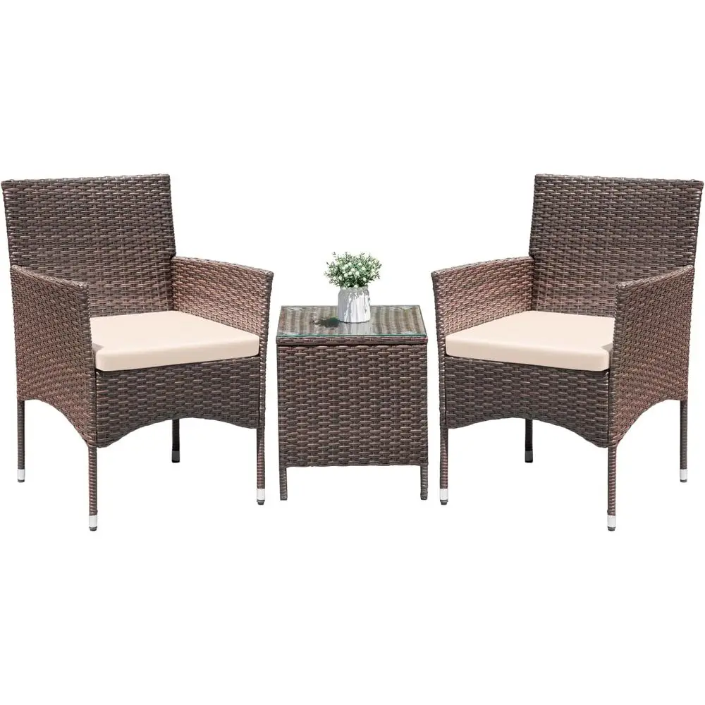 3-Piece Outdoor Patio Rattan Wicker Dining Set with Cushions and Glass Top Coffee Table, Brown & Beige
3-Piece Outdoor Patio Rattan Wicker Dining Set with Cushions and Glass Top Coffee Table, Brown & Beige