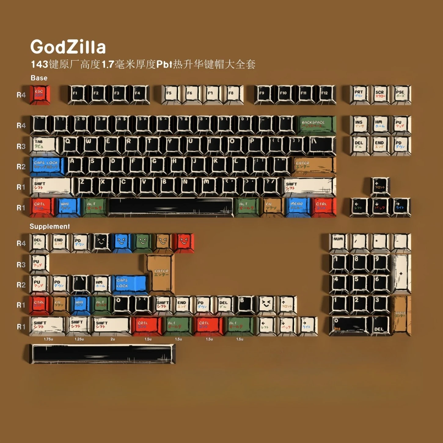 Multi Language Selectable Cartoon Style Cherry Keycap Kit PBT 143 Key Compatible with 60/64/84/98/108 Mechanical Keyboard