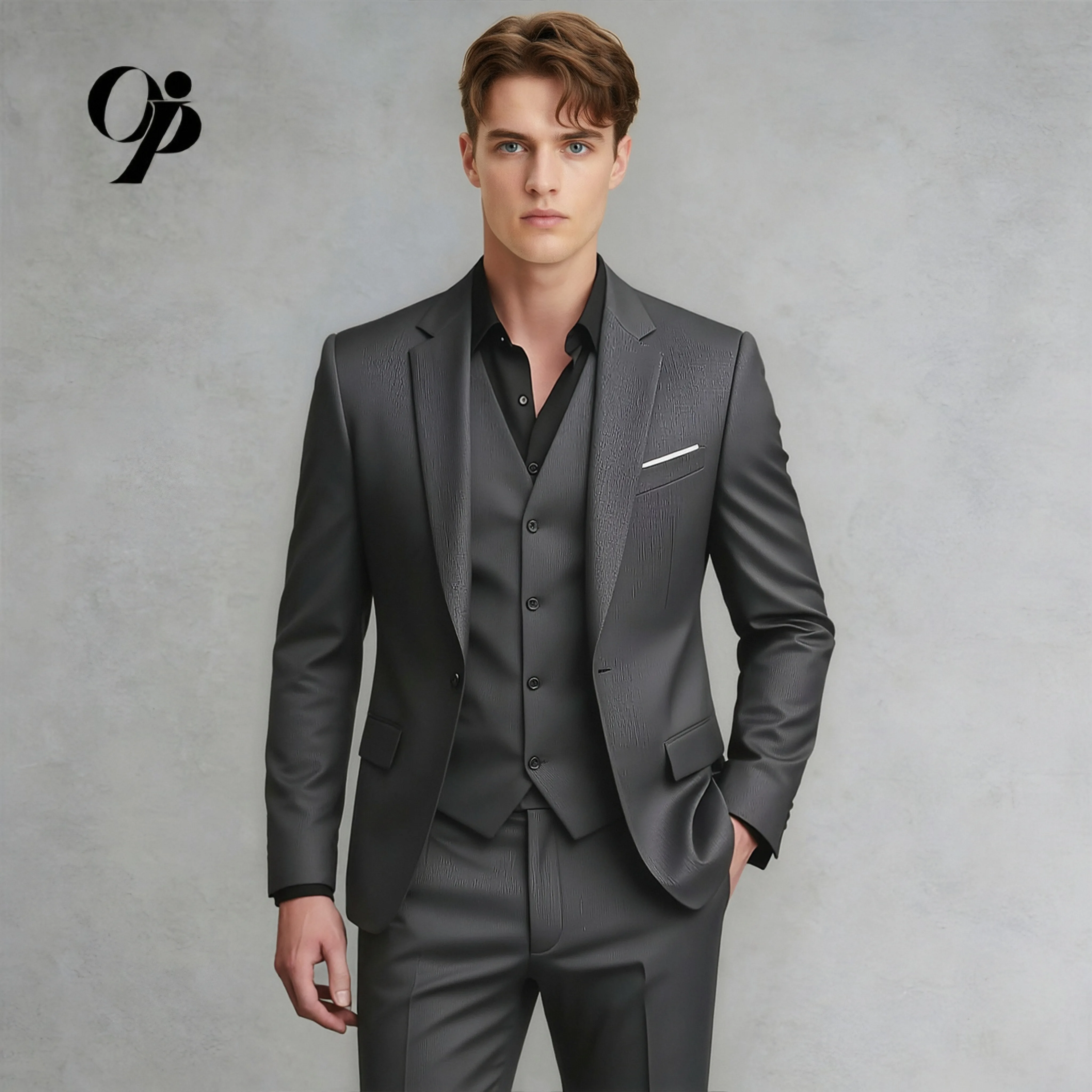 Modern Gentleman Charcoal Suit 3-Piece Slim Fit by Opeodly Formal Wear with Subtle Shiny Textured Fabric
Modern Gentleman Charcoal Suit 3-Piece Slim Fit by Opeodly Formal Wear with Subtle Shiny Textured Fabric
