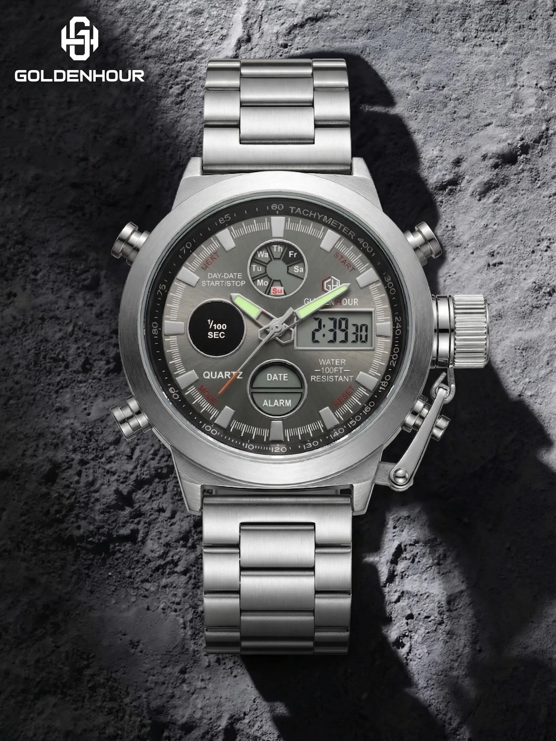 GOLDENHOUR Men's Luxury Silver Watch Industrial Style Stainless Steel Digital Analog Dual Time Waterproof Luminous Quartz Clock
GOLDENHOUR Men's Luxury Silver Watch Industrial Style Stainless Steel Digital Analog Dual Time Waterproof Luminous Quartz Clock