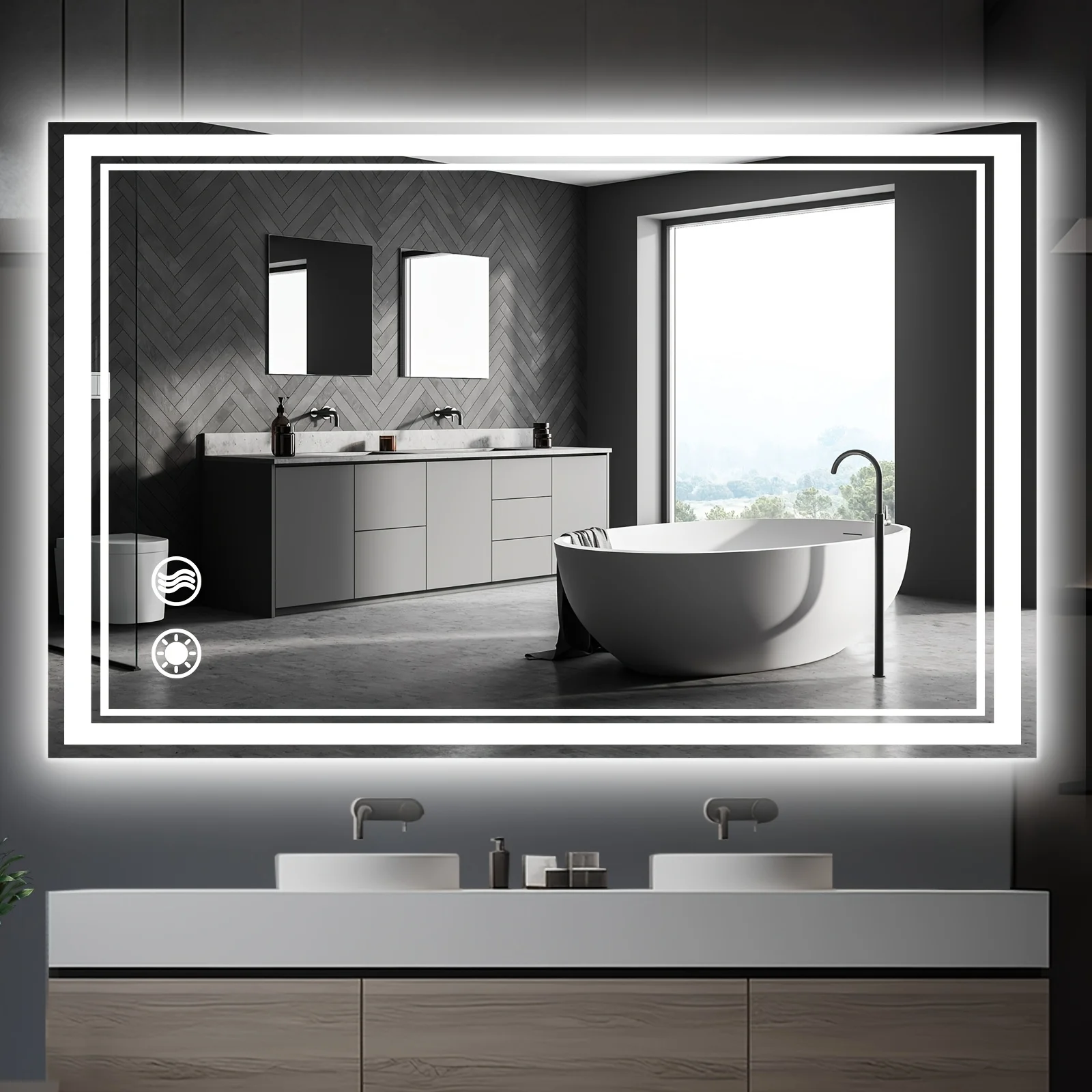 48"x28" LED Vanity Mirror with Touch Sensor – Adjustable Brightness, 3 Light Modes, Anti-Fog Function, Dimmable Lighting, Wall-Mounted Design, Horizontal or Vertical Installation, Smart Memory Feature for Consistent Settings
48"x28" LED Vanity Mirror with Touch Sensor – Adjustable Brightness, 3 Light Modes, Anti-Fog Function, Dimmable Lighting, Wall-Mounted Design, Horizontal or Vertical Installation, Smart Memory Feature for Consistent Settings