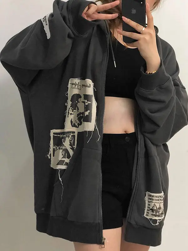 Loose Patchwork Hooded Sweater Coat Casual Street Sle Long Sve Zipper Closure Color Women's Faion Autumn Jaet
Loose Patchwork Hooded Sweater Coat Casual Street Sle Long Sve Zipper Closure Color Women's Faion Autumn Jaet