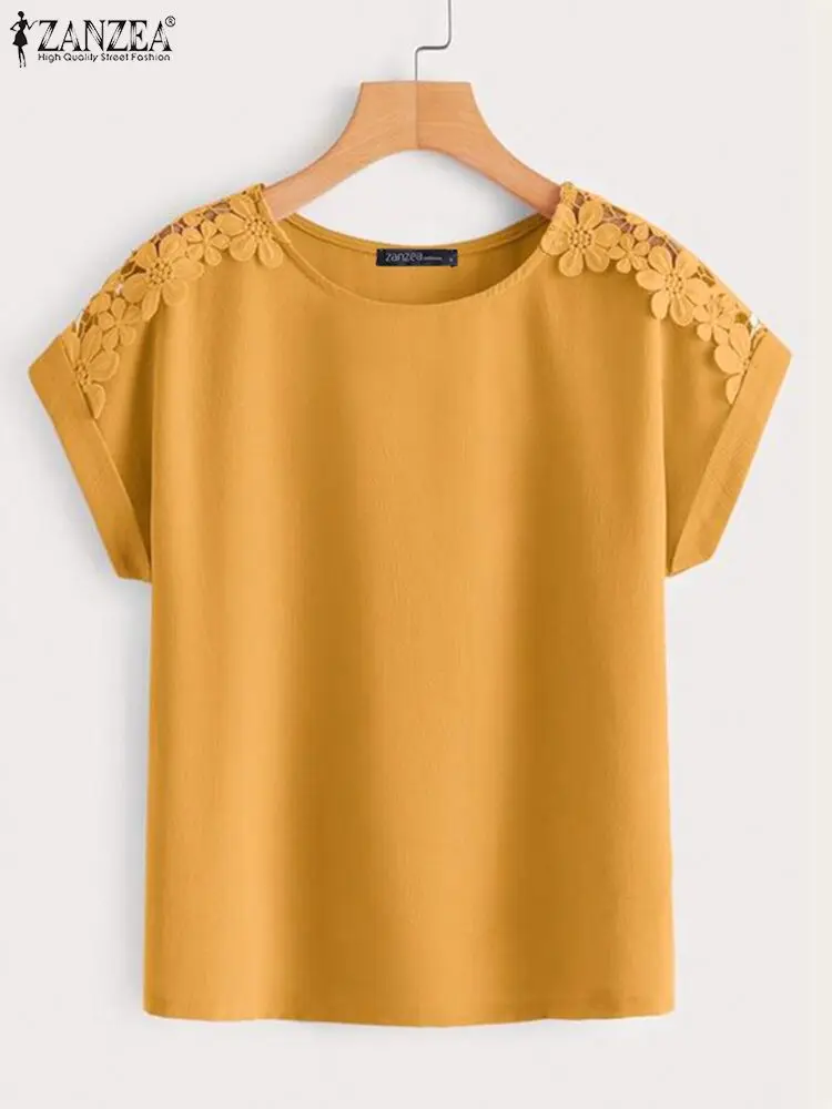 Женская Базовая рубашка ZANZEA 2024, летние топы, блузки с коротким рукавом, кружевные лоскутные повседневные модные однотонные Блузы с круглым вырезом для женщин 
Женская Базовая рубашка ZANZEA 2024, летние топы, блузки с коротким рукавом, кружевные лоскутные повседневные модные однотонные Блузы с круглым вырезом для женщин