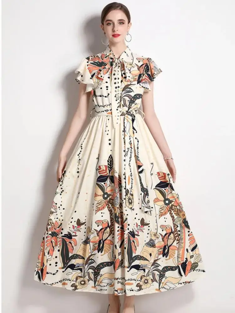 Women's Butterfly Sleeve Bow Collar Floral Print Vacation Long Dress Summer Runway Fashion High Waist Belt Holiday Party Vestido
Women's Butterfly Sleeve Bow Collar Floral Print Vacation Long Dress Summer Runway Fashion High Waist Belt Holiday Party Vestido