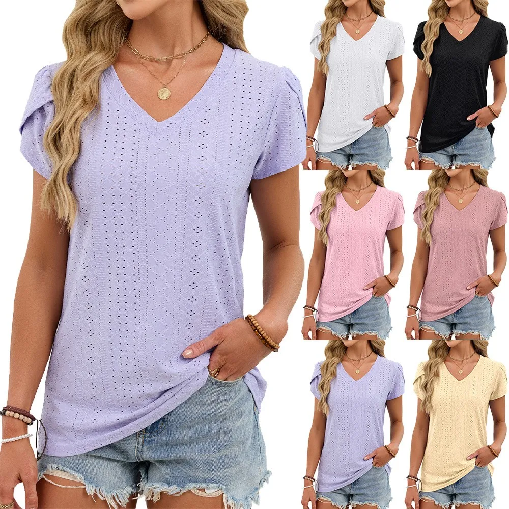 Casual Women Short Sleeve T Shirt V Neck Eyelet Lace Solid Color T Shirts Cotton Loose Fit Pastel Purple Tee Knit Asymmetrical
Casual Women Short Sleeve T Shirt V Neck Eyelet Lace Solid Color T Shirts Cotton Loose Fit Pastel Purple Tee Knit Asymmetrical
