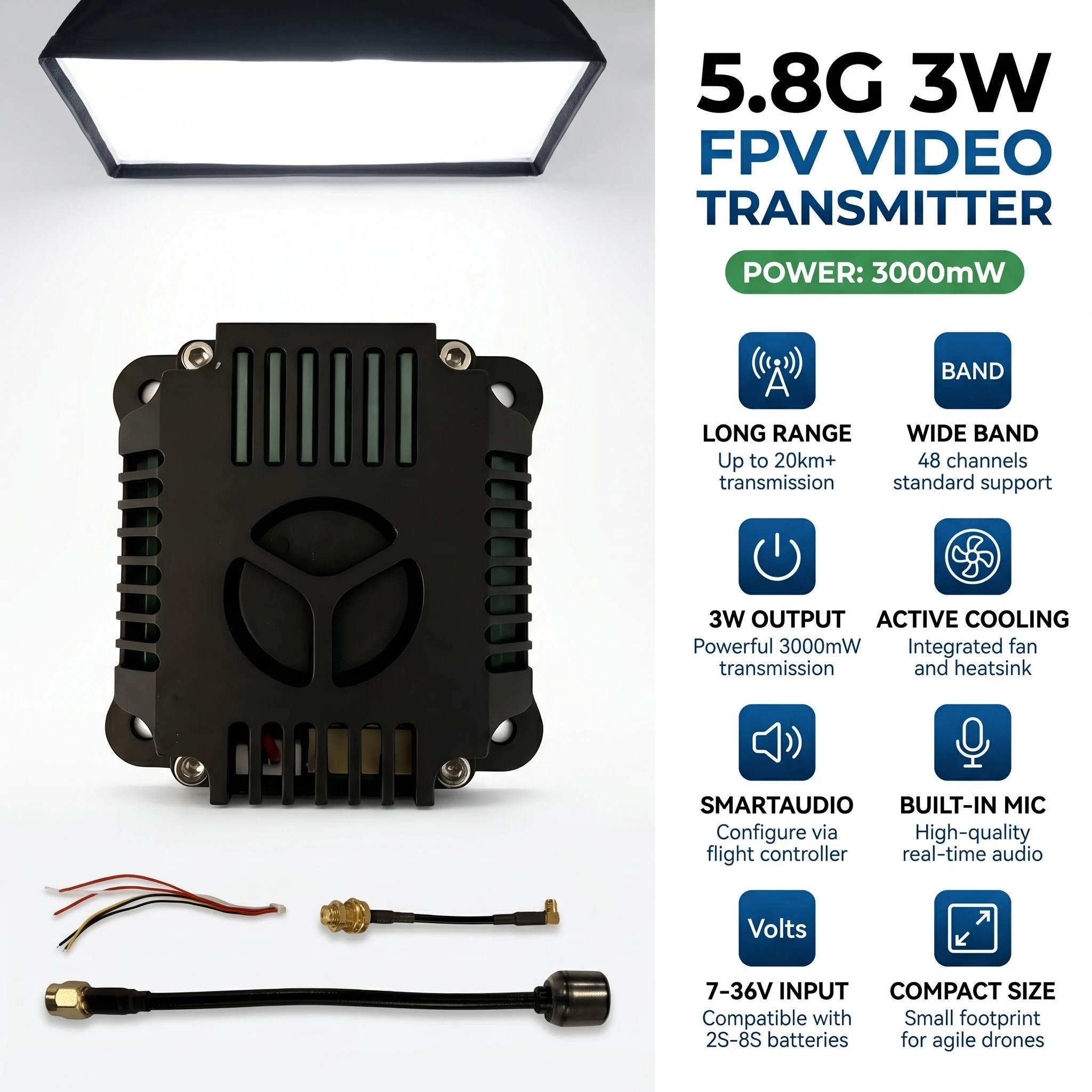 5.8G 3W VTX 3000mW FPV Video Transmitter 88CH 4.9G-6.1G Long Range 7-36V MMCX IRC Tramp CNC Metal Case with Cooling Fan for RC R
5.8G 3W VTX 3000mW FPV Video Transmitter 88CH 4.9G-6.1G Long Range 7-36V MMCX IRC Tramp CNC Metal Case with Cooling Fan for RC R