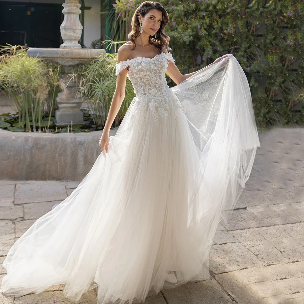 Charming Off-the-Shoulder Floral Lace Tulle A-Line Wedding Dress with Chapel Train Customized Women Sexy Backless Bridal Gowns
Charming Off-the-Shoulder Floral Lace Tulle A-Line Wedding Dress with Chapel Train Customized Women Sexy Backless Bridal Gowns