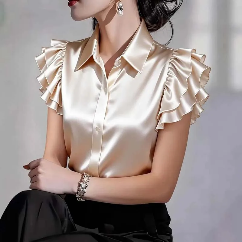 Women Stain Shirt Tops 2026 Summer New Ruffles Short Sleeve Blouse Office Elegant Fashion Work Shirt Top Commute Clothing
Women Stain Shirt Tops 2026 Summer New Ruffles Short Sleeve Blouse Office Elegant Fashion Work Shirt Top Commute Clothing