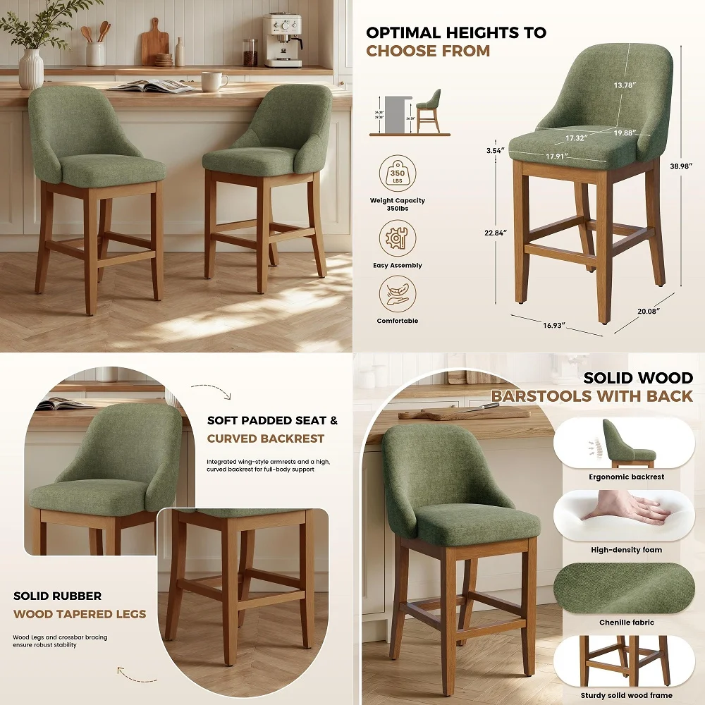 Height Bar Stool with Back Set of 2 26 Inch Upholstered Kitchen Stool Chenille Fabric Counter Stool with Solid Wood Frame Comfo
Height Bar Stool with Back Set of 2 26 Inch Upholstered Kitchen Stool Chenille Fabric Counter Stool with Solid Wood Frame Comfo