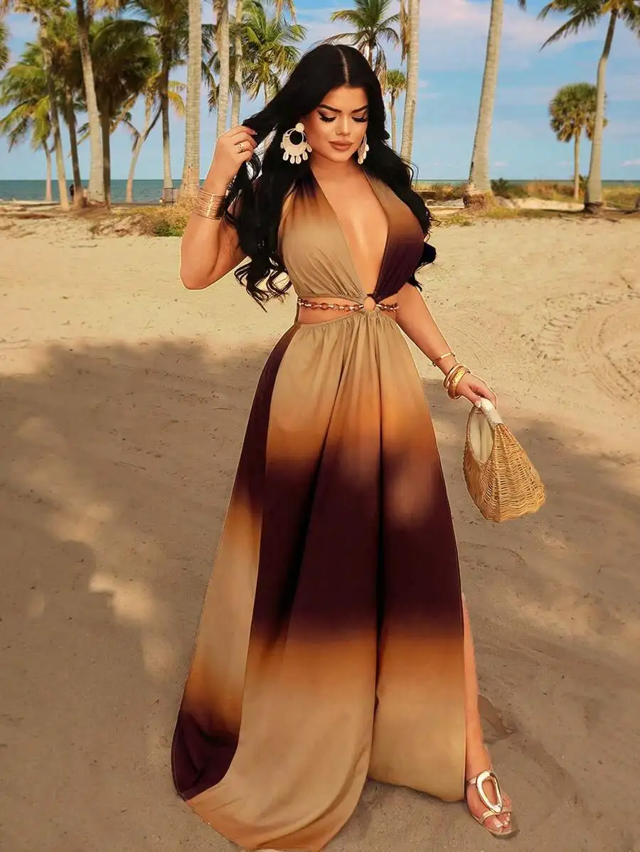 Boho Halter Sleeveless Ombre Maxi Dress With Thigh Split For Beach Vacation Resort Wear
Boho Halter Sleeveless Ombre Maxi Dress With Thigh Split For Beach Vacation Resort Wear