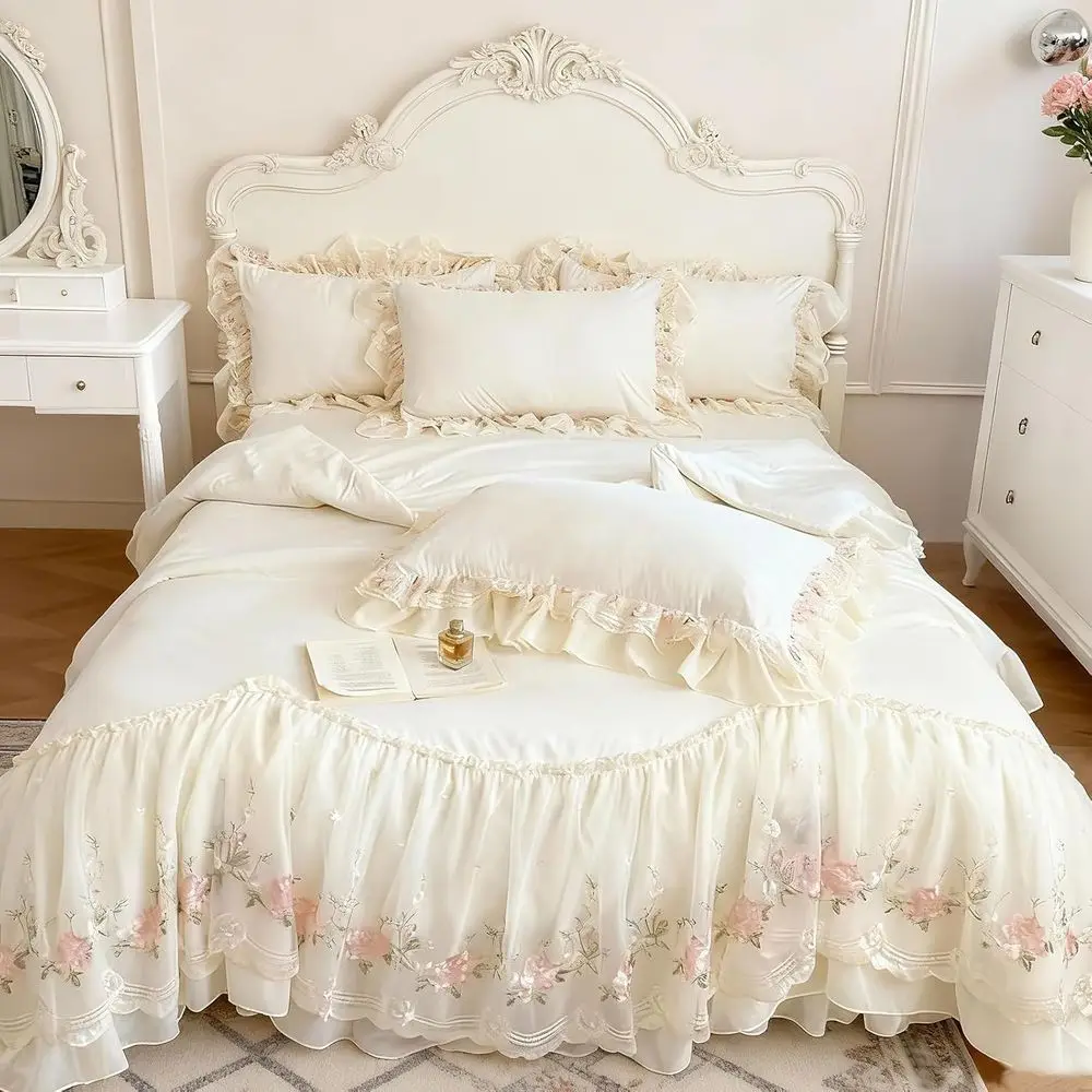 4-Piece Chic Bedding Set: Lace Trim Washed Cotton Duvet Cover, Bed Skirt & Pillowcases for Queen Bed (Comforter Not Included)
4-Piece Chic Bedding Set: Lace Trim Washed Cotton Duvet Cover, Bed Skirt & Pillowcases for Queen Bed (Comforter Not Included)
