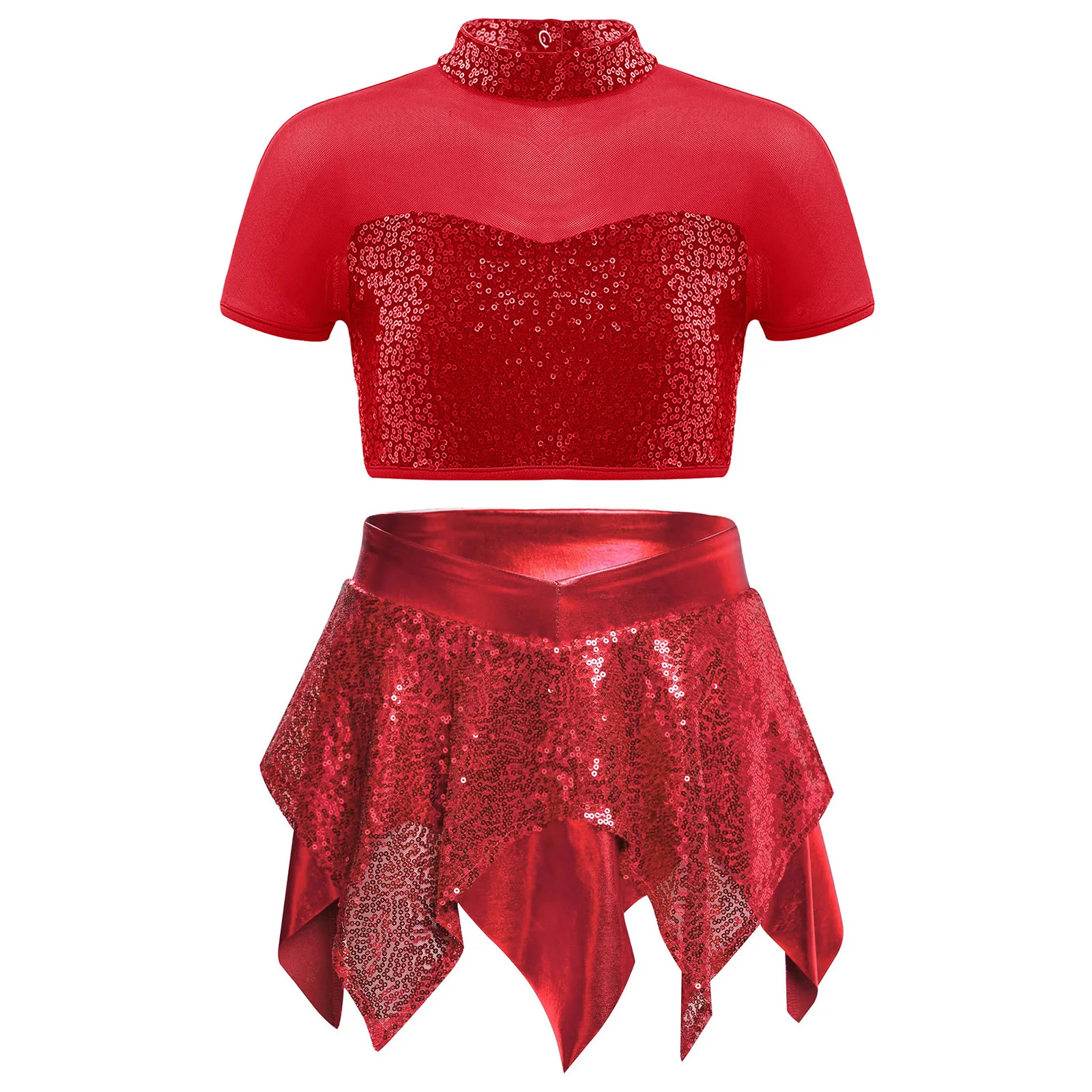Kids Girls Jazz Latin Dance Outfit Cheerleading Dance Uniform Shiny Sequins Short Sleeve Cutout Back Crop Top+Asymmetrical Skirt
Kids Girls Jazz Latin Dance Outfit Cheerleading Dance Uniform Shiny Sequins Short Sleeve Cutout Back Crop Top+Asymmetrical Skirt