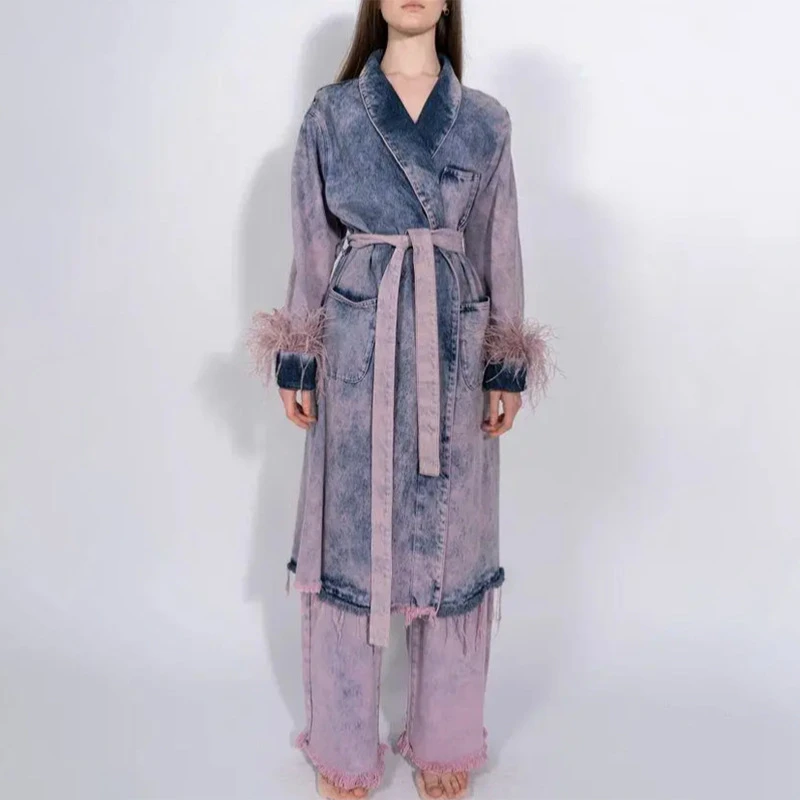 Autumn New Washable Old Coat Design Long Denim Jacket With Ostrich Hair Stitching At Waist And Tie Up To Show Thin Top For Women
Autumn New Washable Old Coat Design Long Denim Jacket With Ostrich Hair Stitching At Waist And Tie Up To Show Thin Top For Women