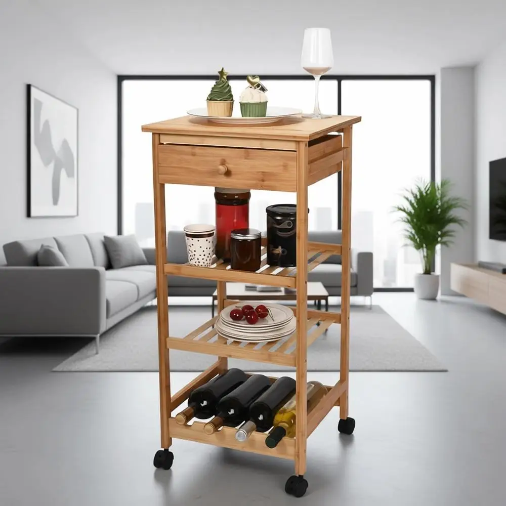 Brown Wooden Kitchen Cart with Drawer and Basket - Portable Island for Counter Space and Spice Storage
Brown Wooden Kitchen Cart with Drawer and Basket - Portable Island for Counter Space and Spice Storage