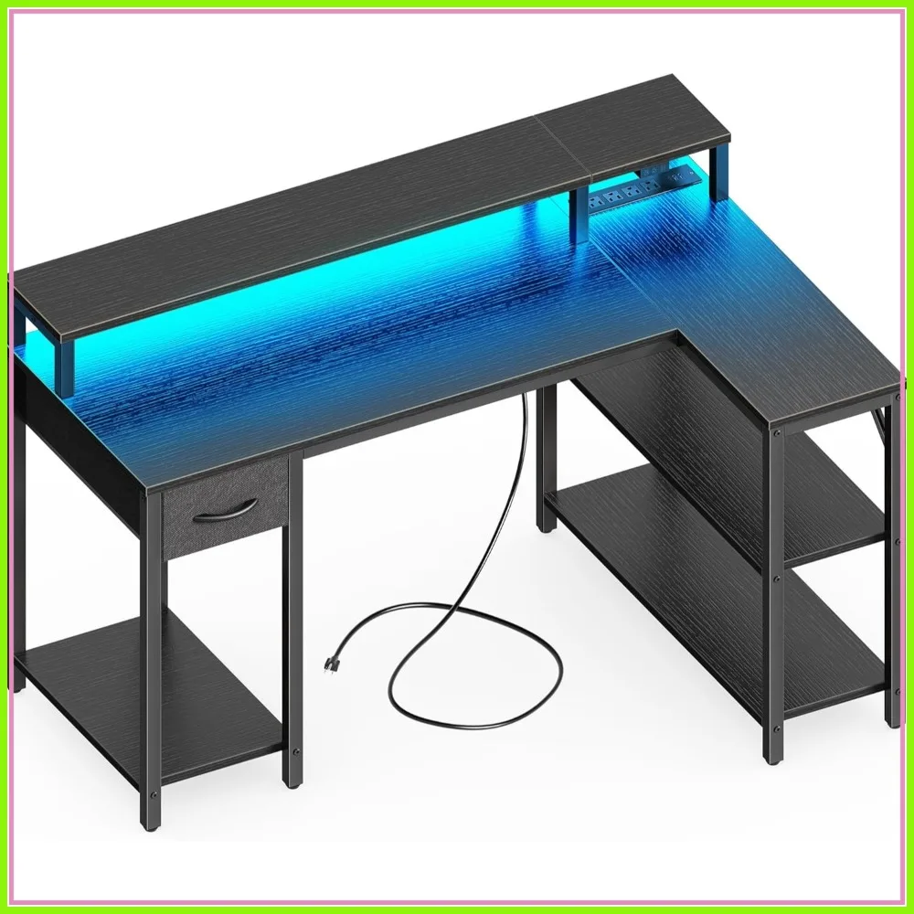 L Shaped Gaming Desk with LED Lights & Power Outlets, Reversible Corner Desk with Shelves & Monitor Stand, Drawer, Black
L Shaped Gaming Desk with LED Lights & Power Outlets, Reversible Corner Desk with Shelves & Monitor Stand, Drawer, Black
