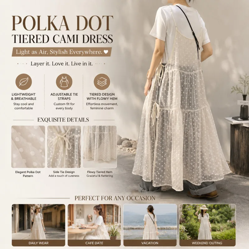 Korean Chic Polka Dot Embroidery Sheer Breathable Adjustable Side Tie Loose Maxi Suspender Dress For Young Women Spring Dating
Korean Chic Polka Dot Embroidery Sheer Breathable Adjustable Side Tie Loose Maxi Suspender Dress For Young Women Spring Dating