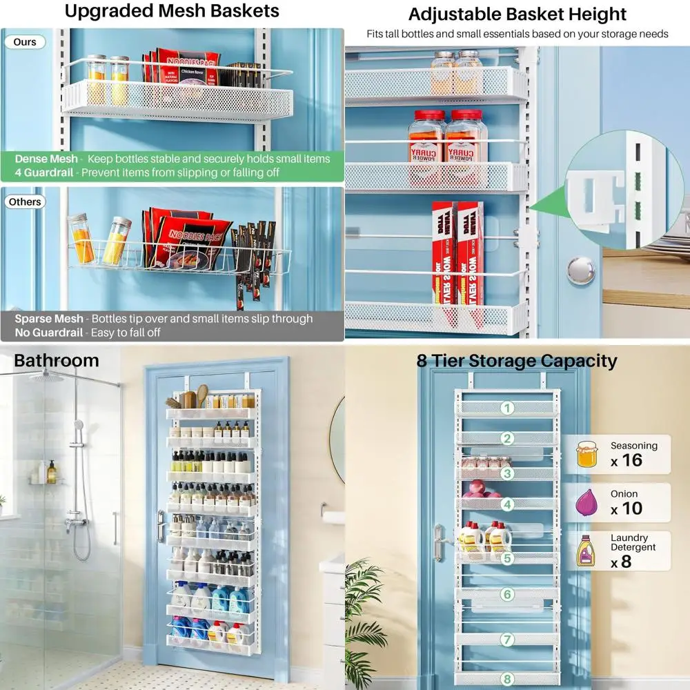 Height-Adjustable Door Organizer with Mesh Baskets for Pantry, Spice Rack, Kitchen, and Bathroom (White, 17 W x 6 D x 69 H)
Height-Adjustable Door Organizer with Mesh Baskets for Pantry, Spice Rack, Kitchen, and Bathroom (White, 17 W x 6 D x 69 H)