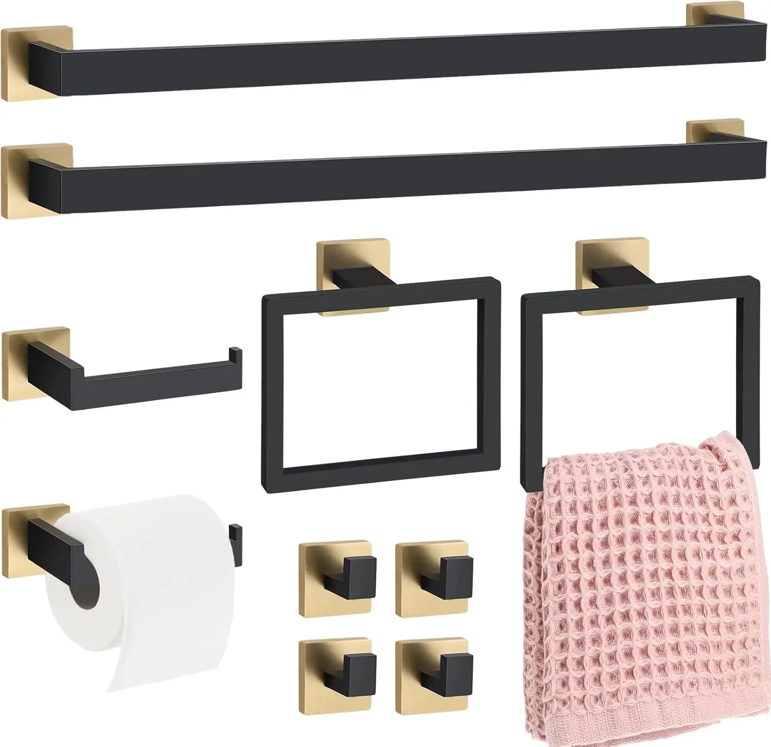 10-Piece Stainless Steel Bathroom Hardware Set with Towel Bar, Rings, Hooks, and Paper Holder in Black Gold
10-Piece Stainless Steel Bathroom Hardware Set with Towel Bar, Rings, Hooks, and Paper Holder in Black Gold