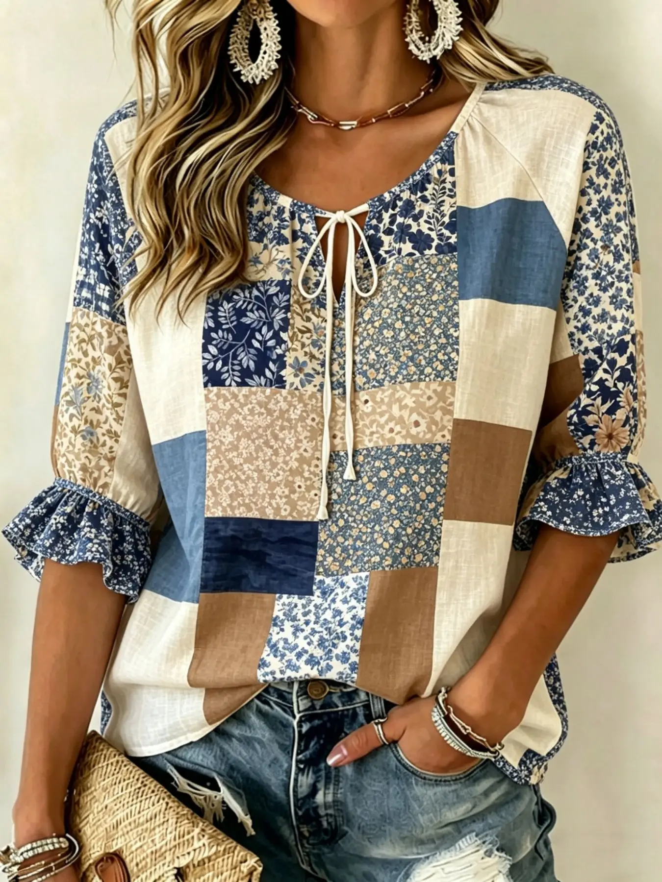 Women's Blue Beige Patchwork Floral Print Tie Neck Blouse, Casual Loose Tops for Spring Summer Daily Wear
Women's Blue Beige Patchwork Floral Print Tie Neck Blouse, Casual Loose Tops for Spring Summer Daily Wear