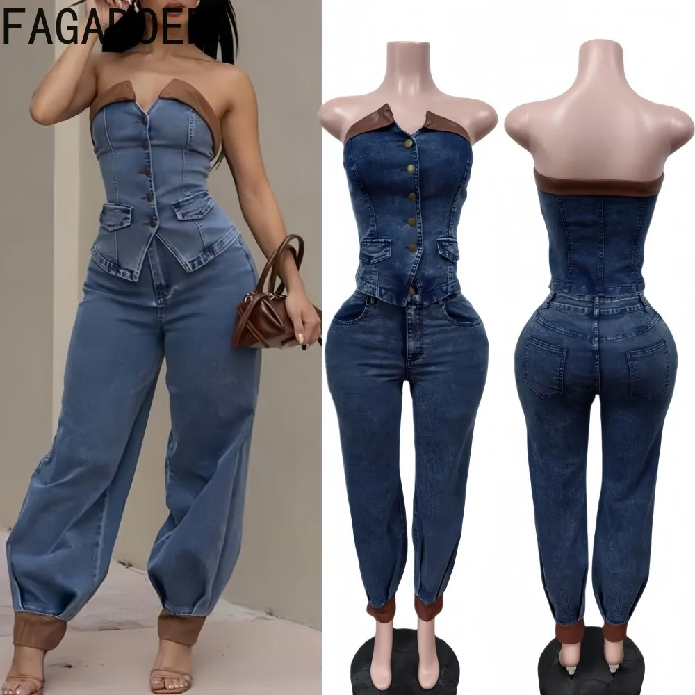 FAGADOER Winter New Fashion Denim Two Piece Outfits Woman Single Breasted Sleeveless Backless Crop Top + Pants Female Streetwear
FAGADOER Winter New Fashion Denim Two Piece Outfits Woman Single Breasted Sleeveless Backless Crop Top + Pants Female Streetwear