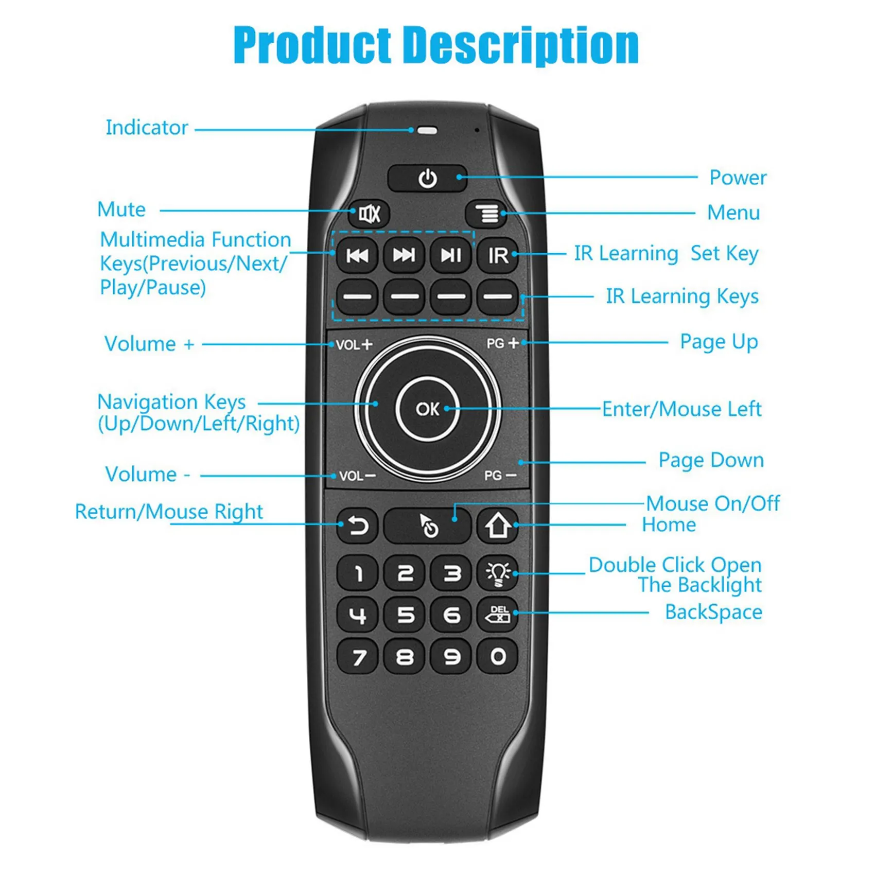 Bluetooth 5.0 Mini Keyboard G7BTS Gyroscope Backlit IR Learning Air Mouse Remote Control for Smart TV Box Laptop Tablet—AA56
Bluetooth 5.0 Mini Keyboard G7BTS Gyroscope Backlit IR Learning Air Mouse Remote Control for Smart TV Box Laptop Tablet—AA56
