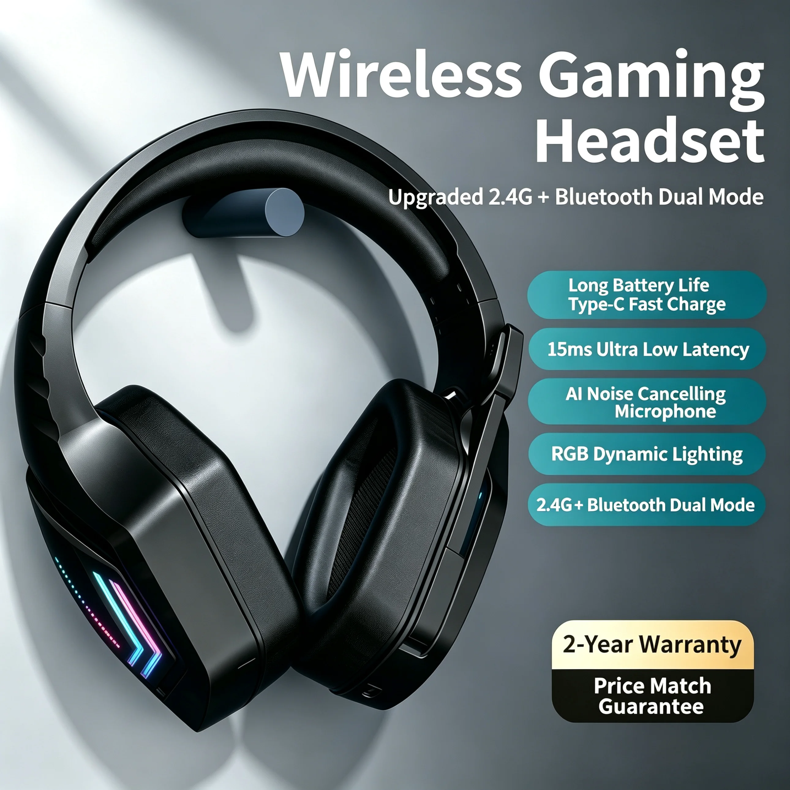 Dual Mode 2.4G Wireless Bluetooth 5.3 Head Mounted Headphones HiFi Noise Cancelling LED Low Latency RGB Lighting Gaming Esports
Dual Mode 2.4G Wireless Bluetooth 5.3 Head Mounted Headphones HiFi Noise Cancelling LED Low Latency RGB Lighting Gaming Esports