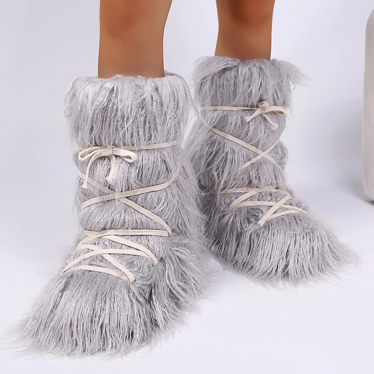 Women's Grey Fuzzy Knee-High Boots | Crisscross Lace-Up Design, Viral Warm Winter Footwear
Women's Grey Fuzzy Knee-High Boots | Crisscross Lace-Up Design, Viral Warm Winter Footwear