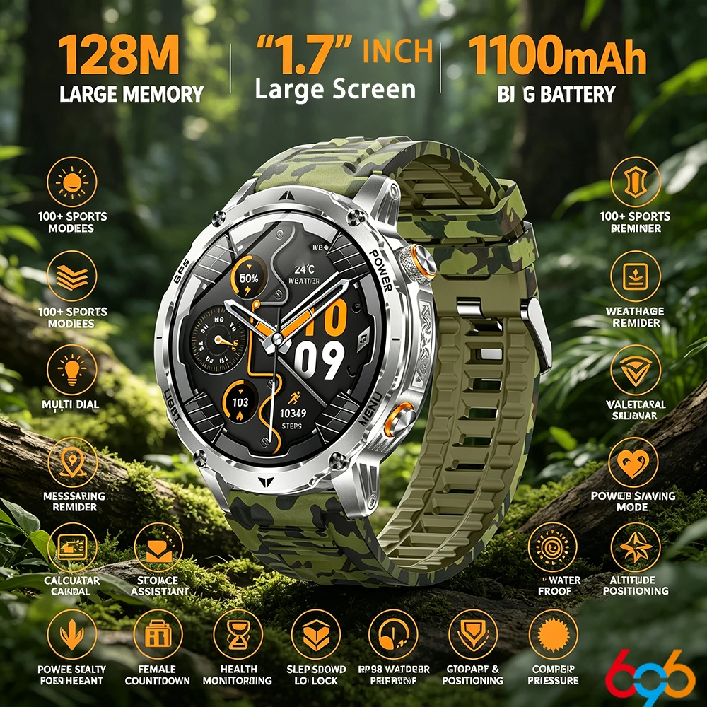 Military 1100mAh Battery Smart Watch Men Outdoor Flashlight Waterproof Heart Rate BT Call Sports Bracelets Health Smartwatch SOS
Military 1100mAh Battery Smart Watch Men Outdoor Flashlight Waterproof Heart Rate BT Call Sports Bracelets Health Smartwatch SOS