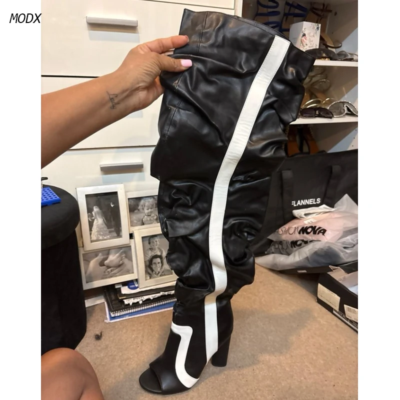 Fashion Women's Open Toe Thigh High Boots, Black Leather with White Stripes, Chunky Heel, Ruched Knee High Boots for Nightclub
Fashion Women's Open Toe Thigh High Boots, Black Leather with White Stripes, Chunky Heel, Ruched Knee High Boots for Nightclub