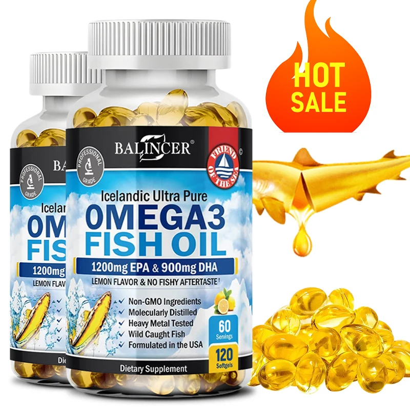 Fish Oil Omega 3 Contains EPA 1200mg & DHA 900mg - for Joints, Eyes, Cognitive Supplement, Non-GMO, Gluten Free
Fish Oil Omega 3 Contains EPA 1200mg & DHA 900mg - for Joints, Eyes, Cognitive Supplement, Non-GMO, Gluten Free