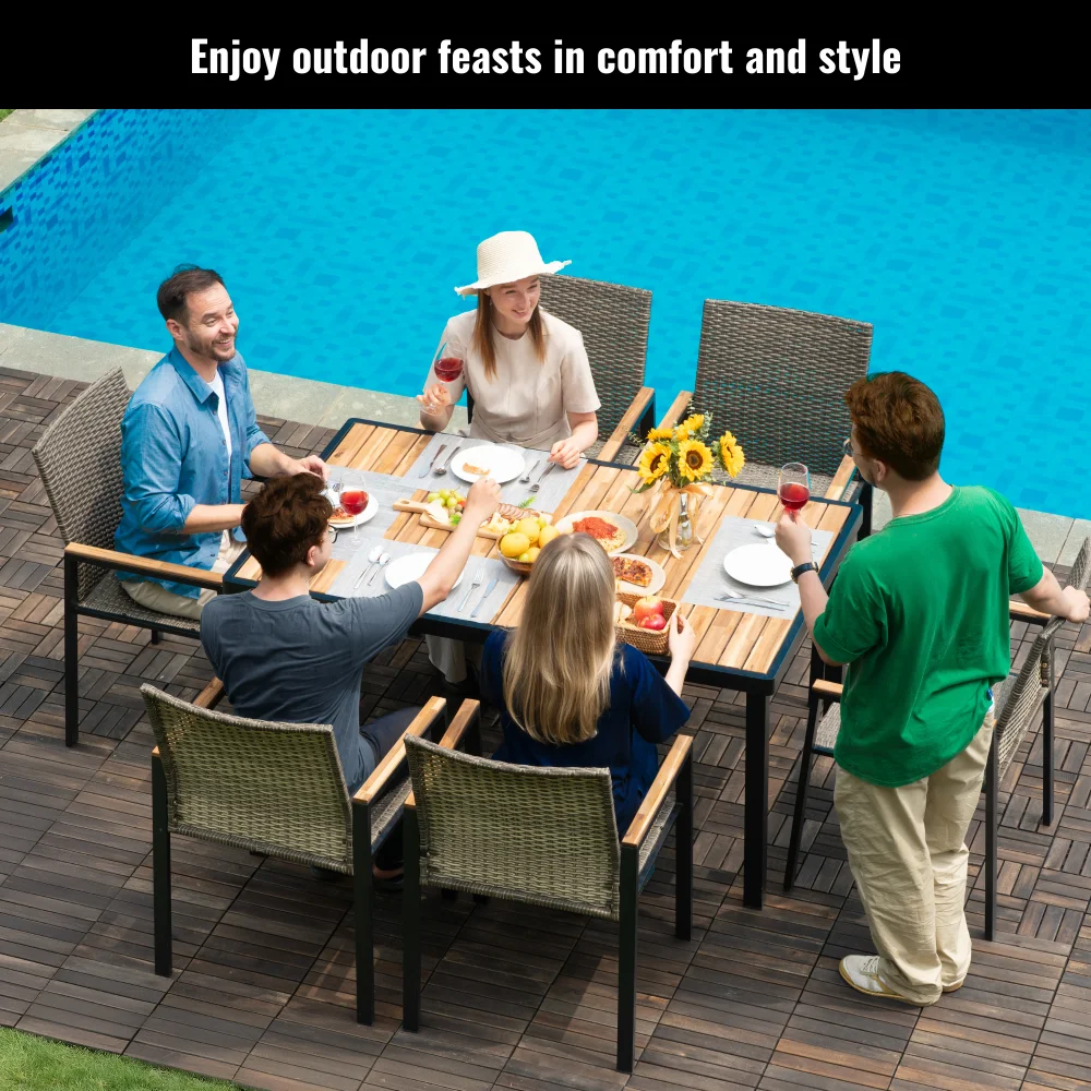 7 Piece Patio Dining Set, with Weather Resistant Table and 6 Stackable Rattan Chairs for Garden, Outdoor Furniture Set
7 Piece Patio Dining Set, with Weather Resistant Table and 6 Stackable Rattan Chairs for Garden, Outdoor Furniture Set