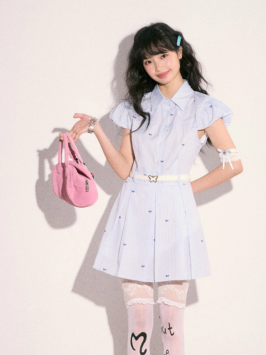 Blue Striped Knot Waist Cinched Shirt Collar Short Dress Women's Summer Cotton Polyester A-Line Skirt Single Piece
Blue Striped Knot Waist Cinched Shirt Collar Short Dress Women's Summer Cotton Polyester A-Line Skirt Single Piece