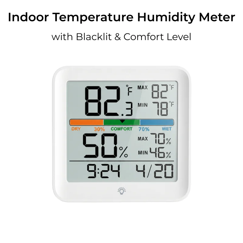 Digital Indoor Thermometer Hygrometer Temperature Humidity Monitor with Backlight and Max/Min Records for Home Date Time Display
Digital Indoor Thermometer Hygrometer Temperature Humidity Monitor with Backlight and Max/Min Records for Home Date Time Display