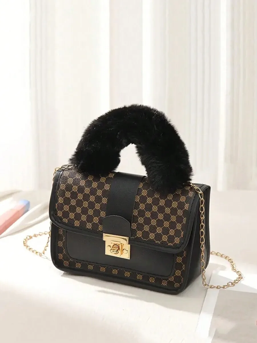 Black & Gold Geometric Print Top-Handle Bag with Faux Fur Handle and Chain Strap
Black & Gold Geometric Print Top-Handle Bag with Faux Fur Handle and Chain Strap
