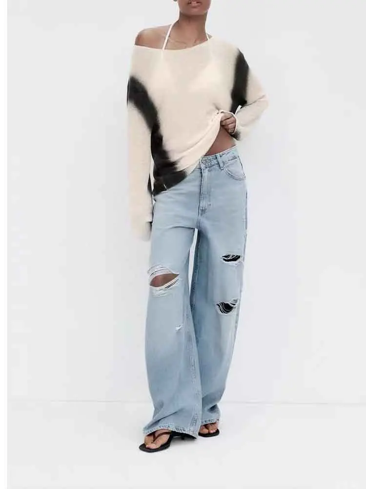 European style new women's fashion versatile simple faded effect printed round neck long sleeve knitted sweater
European style new women's fashion versatile simple faded effect printed round neck long sleeve knitted sweater
