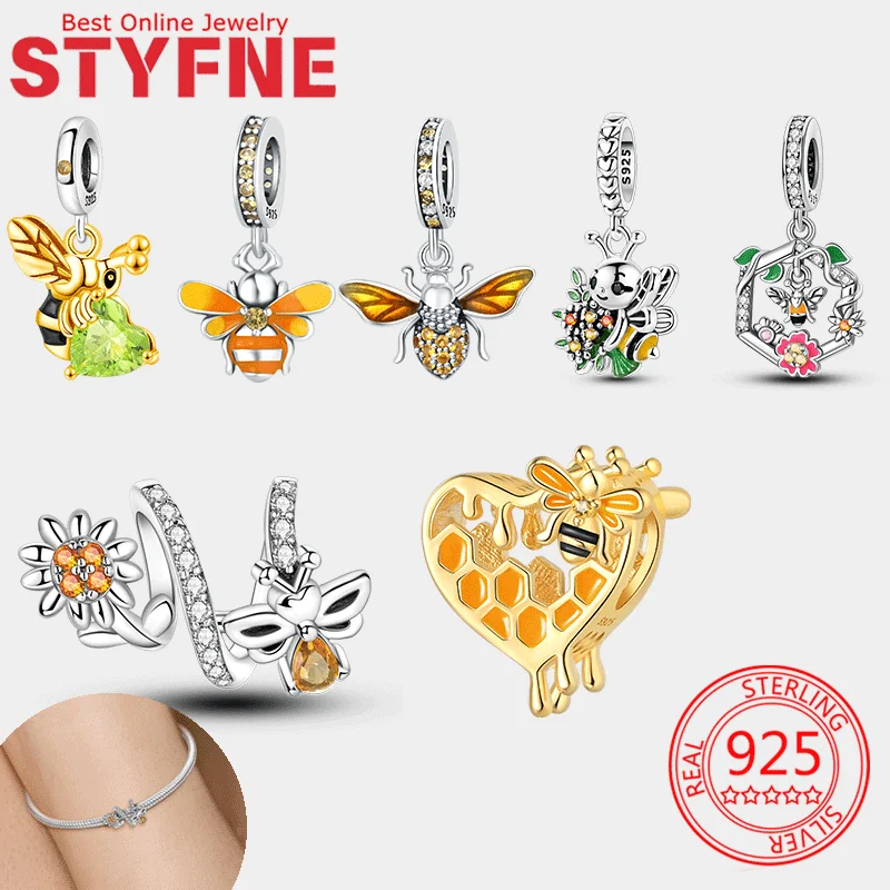 925 Silver Sunflower bee heart-shaped honeycomb golden zircon bee charms Beads pendant Fit Original Bracelet For Women DIY Gift 
925 Silver Sunflower bee heart-shaped honeycomb golden zircon bee charms Beads pendant Fit Original Bracelet For Women DIY Gift