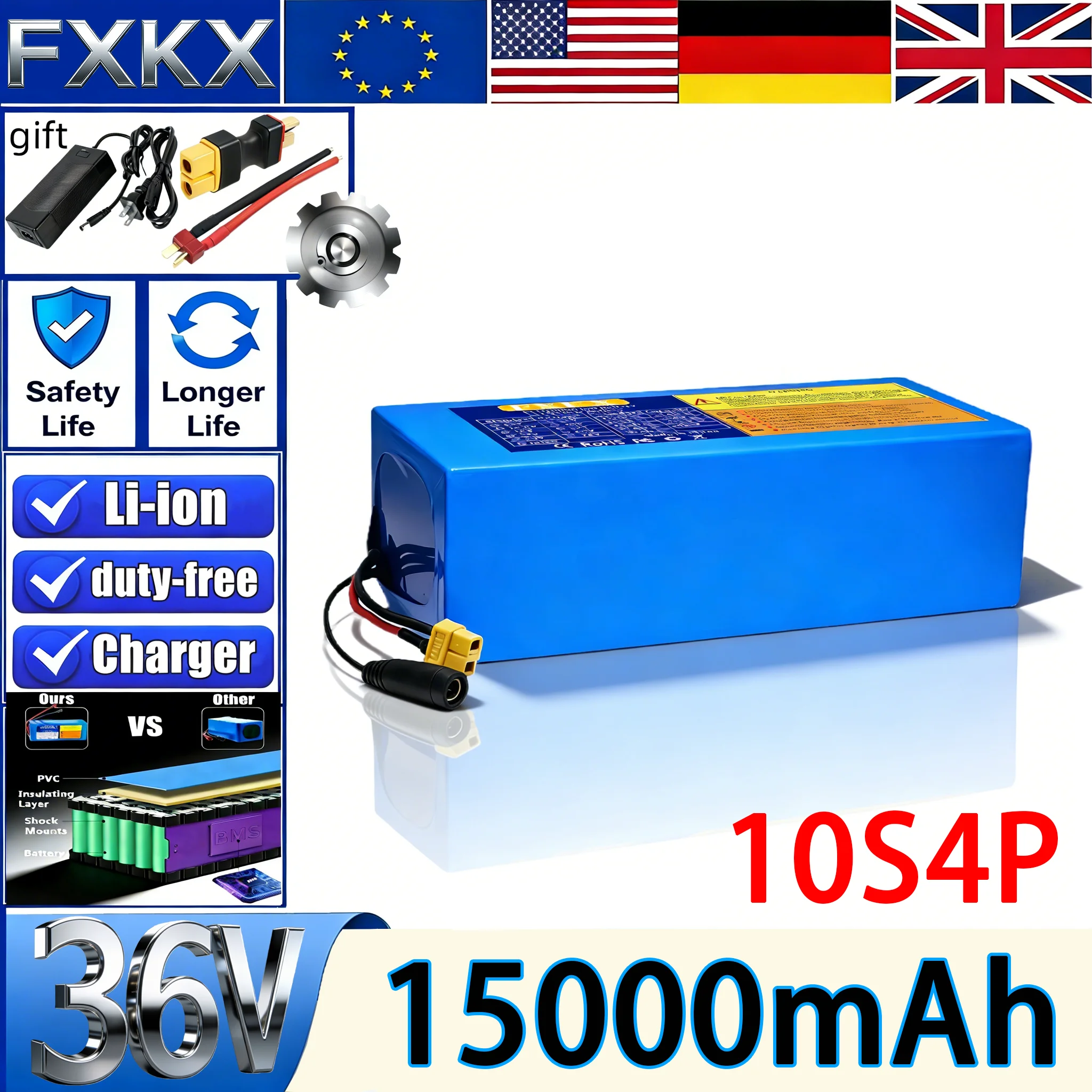brand new 36V 15Ah 18650 10S4p Lithium battery With BMS 500-1000W For 36V E-Scooter Li-ion Battery Pack
brand new 36V 15Ah 18650 10S4p Lithium battery With BMS 500-1000W For 36V E-Scooter Li-ion Battery Pack