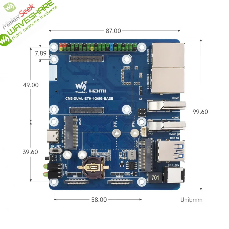 SKU-32580 Waveshare Ethernet Base Board For Raspberry Pi CM5, Supports 4G / 5G Module, 4K Display Outputs And Dual MIP
SKU-32580 Waveshare Ethernet Base Board For Raspberry Pi CM5, Supports 4G / 5G Module, 4K Display Outputs And Dual MIP