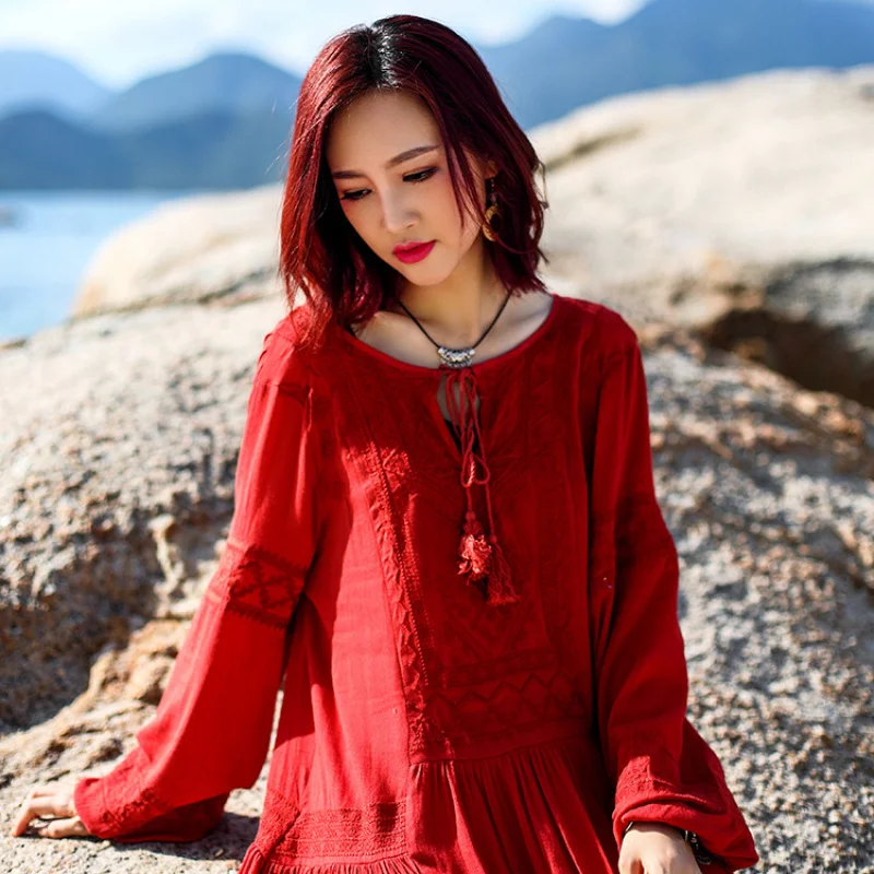 Qinghai Desert Seaside Holiday Embroidery Ethnic Style Retro Dress Long-Sleeved Red Dress F278
Qinghai Desert Seaside Holiday Embroidery Ethnic Style Retro Dress Long-Sleeved Red Dress F278