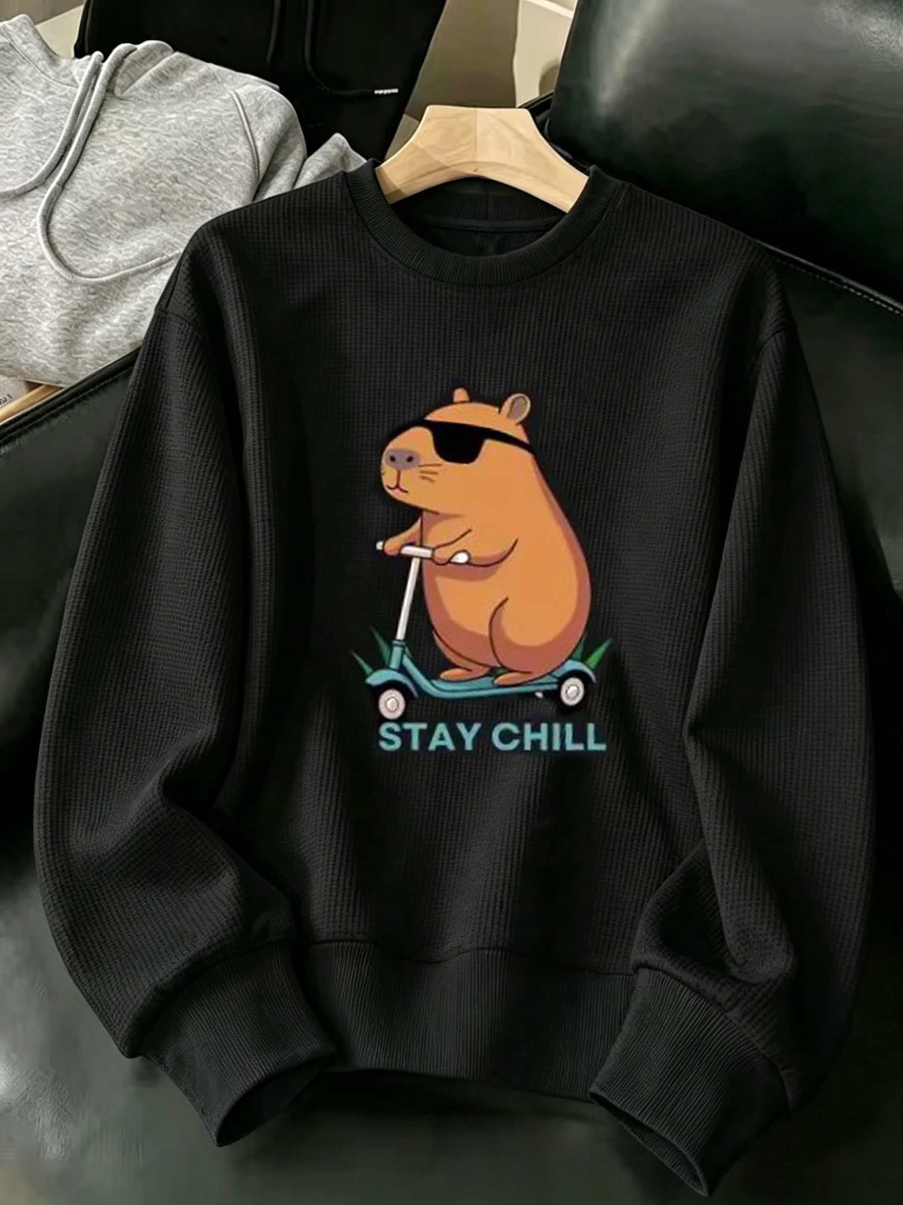 Women Black Waffle Crewneck Sweatshirt Funny Capybara Graphic Letter Print Casual Tops
Women Black Waffle Crewneck Sweatshirt Funny Capybara Graphic Letter Print Casual Tops