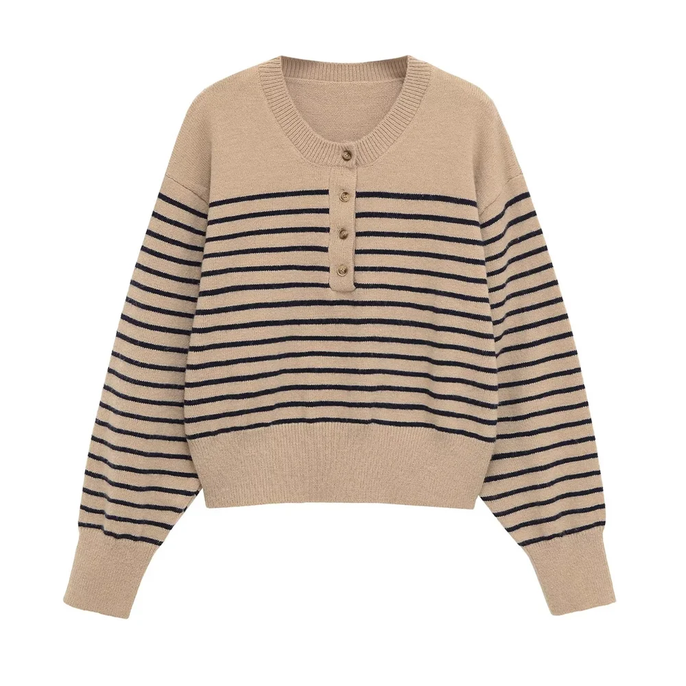 Осенне-зимняя новая женская одежда, милый и модный свободный вязаный свитер с круглым вырезом и длинными рукавами в полоску
Осенне-зимняя новая женская одежда, милый и модный свободный вязаный свитер с круглым вырезом и длинными рукавами в полоску