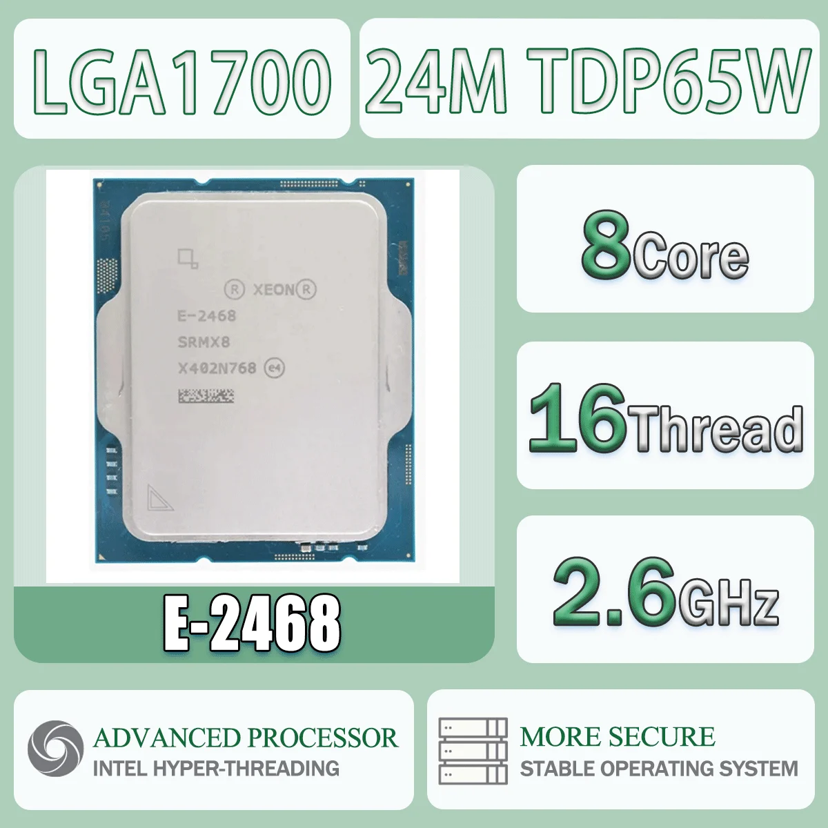 Intel Xeon E-2468 2.6GHz 8 Cores 16 Threads 24MB TDP65W Cache Computer CPU Processor Server E 2468 LGA1700
Intel Xeon E-2468 2.6GHz 8 Cores 16 Threads 24MB TDP65W Cache Computer CPU Processor Server E 2468 LGA1700