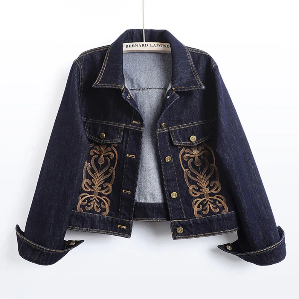 Brown Embroidered Pattern Design Denim Jacket Lapel Collar Loose Fit Jacket Blue Denim Short Jacket Womens Clothing Causal Coats
Brown Embroidered Pattern Design Denim Jacket Lapel Collar Loose Fit Jacket Blue Denim Short Jacket Womens Clothing Causal Coats