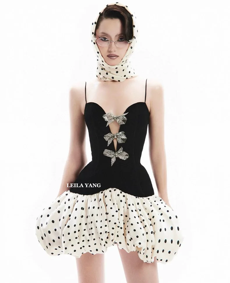 Women Dot Printed Diamond Bow Decoration Black Velvet Patchwork Ball Gown Mini Sling Dress
Women Dot Printed Diamond Bow Decoration Black Velvet Patchwork Ball Gown Mini Sling Dress