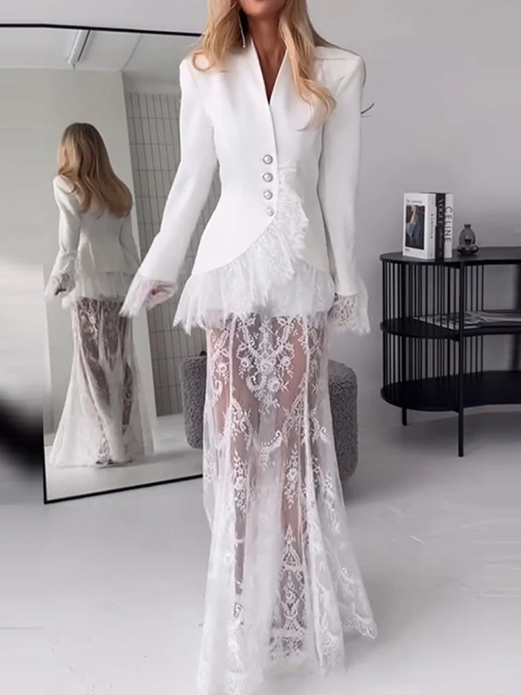 2026 Spring V Neck Button Blazer and See Through Skirts Outfit Office Lady Sexy Patchwork Lace Two Piece Set Summer Women's Suit
2026 Spring V Neck Button Blazer and See Through Skirts Outfit Office Lady Sexy Patchwork Lace Two Piece Set Summer Women's Suit